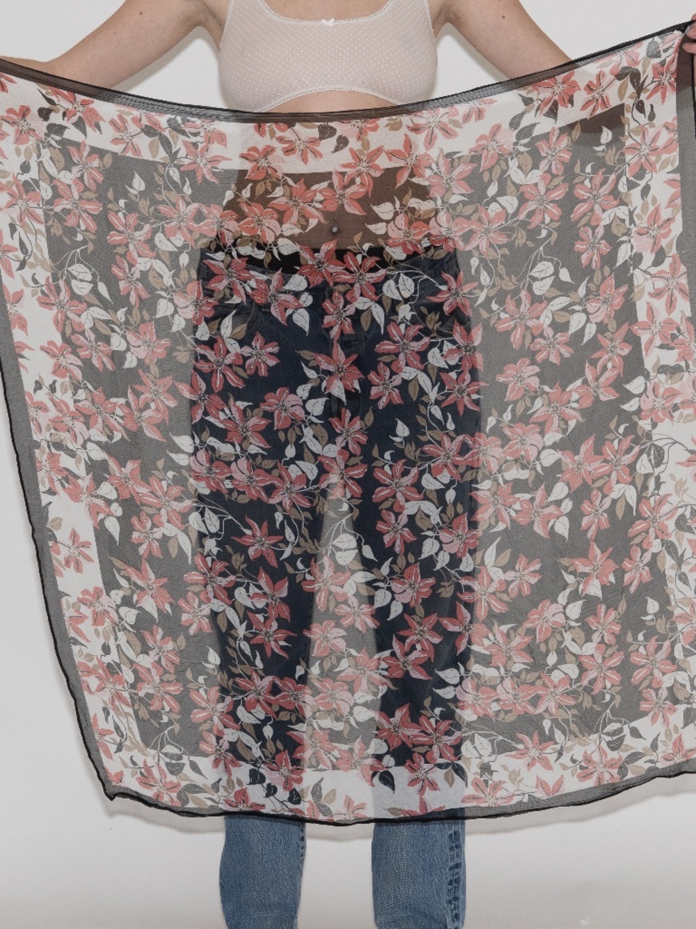 Vintage flower print mesh scarf pink black and white 39" by 39"
